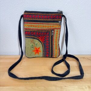 Ganesh Himal Handmade Nepal Cotton Embroidered Crossbody Bag Boho Green STAINED